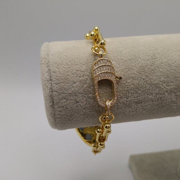 Gold Plated Larimar Gemstone Pearl Bracelet, 8 1/2 Inches, Rhinestone Clasp - Picture 8 of 10